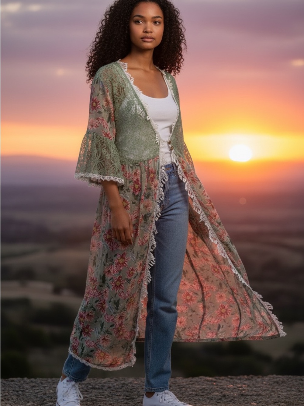 POL lace-trimmed floral duster